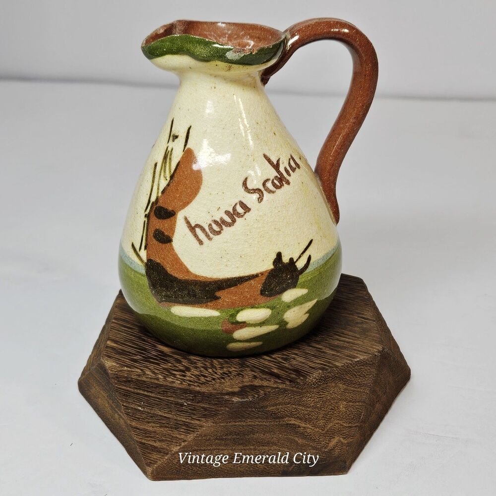 Torquay Devon Motto Creamer Mini Pitcher &  Wooden Stand Set Red Pottery England